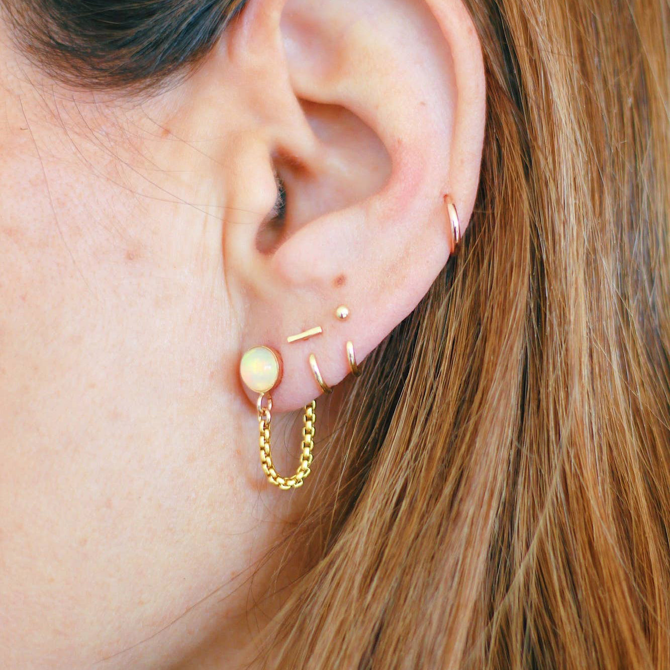 Opal Gem + Chain Huggie Earrings