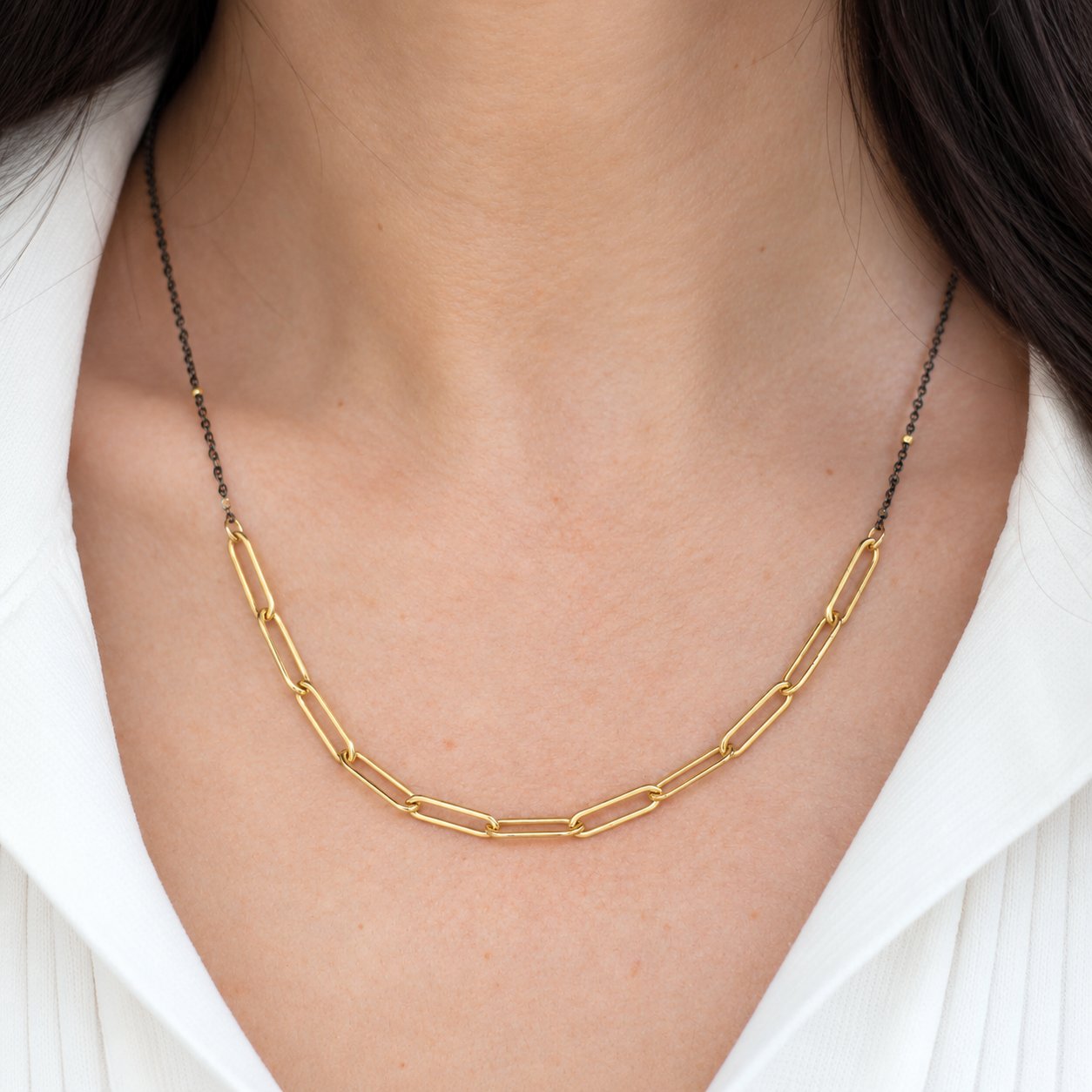 Paperclip Link Mix Necklace – Black + Gold
