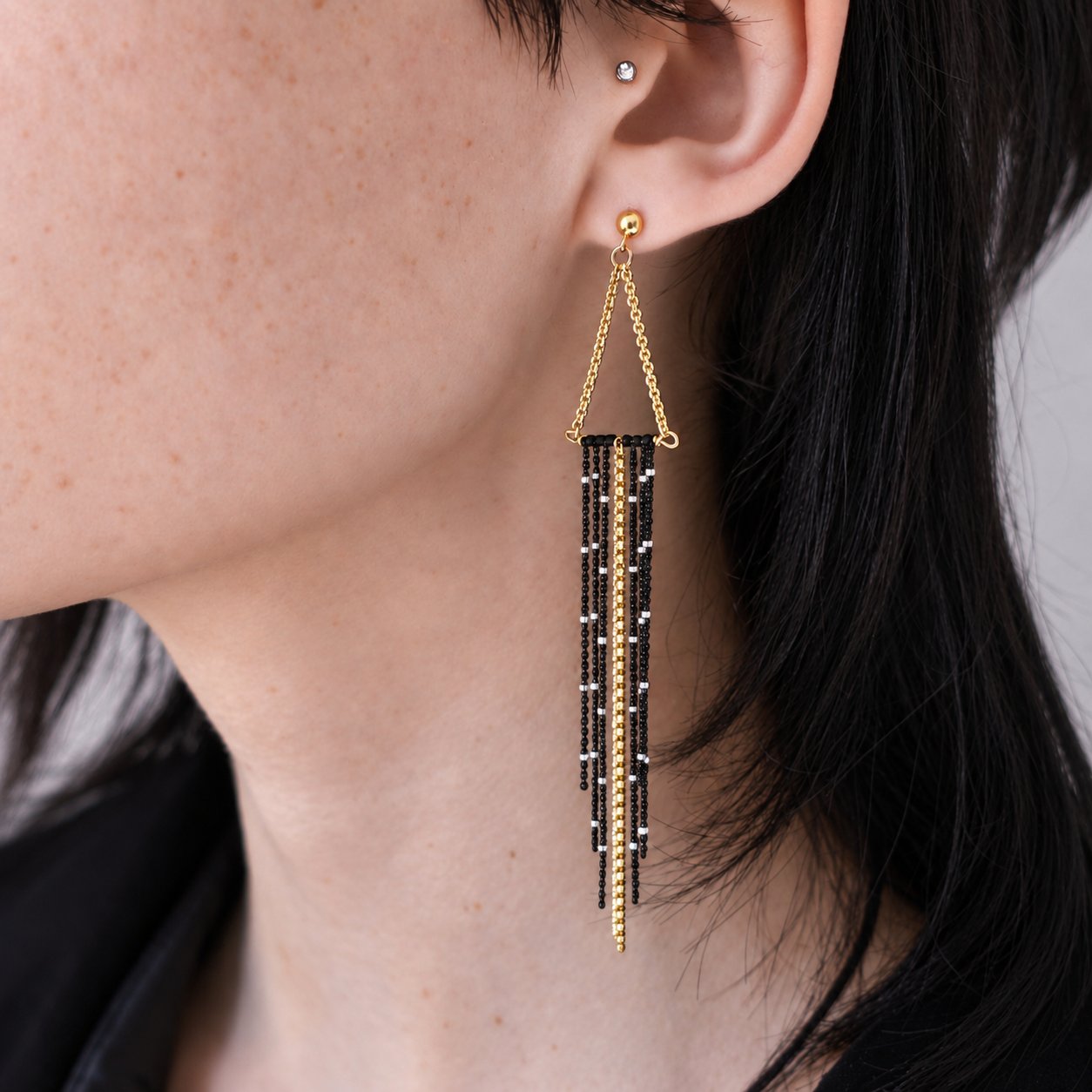 Vera Fringe Post Earrings – Black + Gold