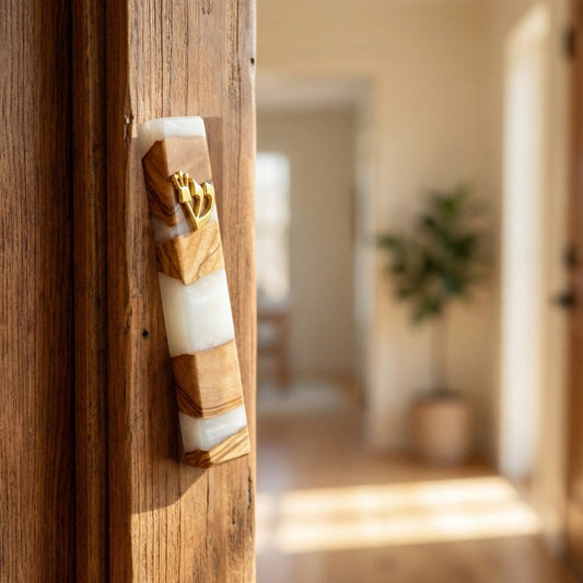 White Resin + Mediterranean Olive Wood Mezuzah