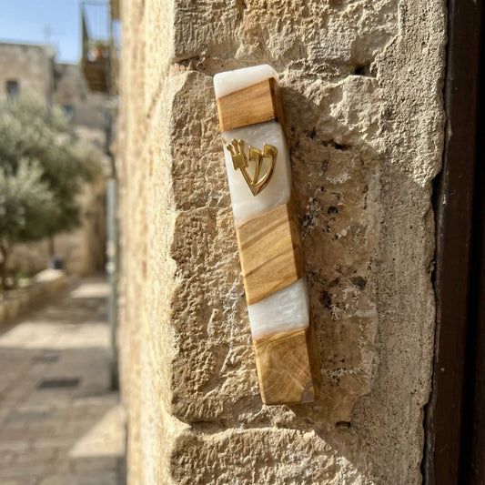 White Resin + Mediterranean Olive Wood Mezuzah