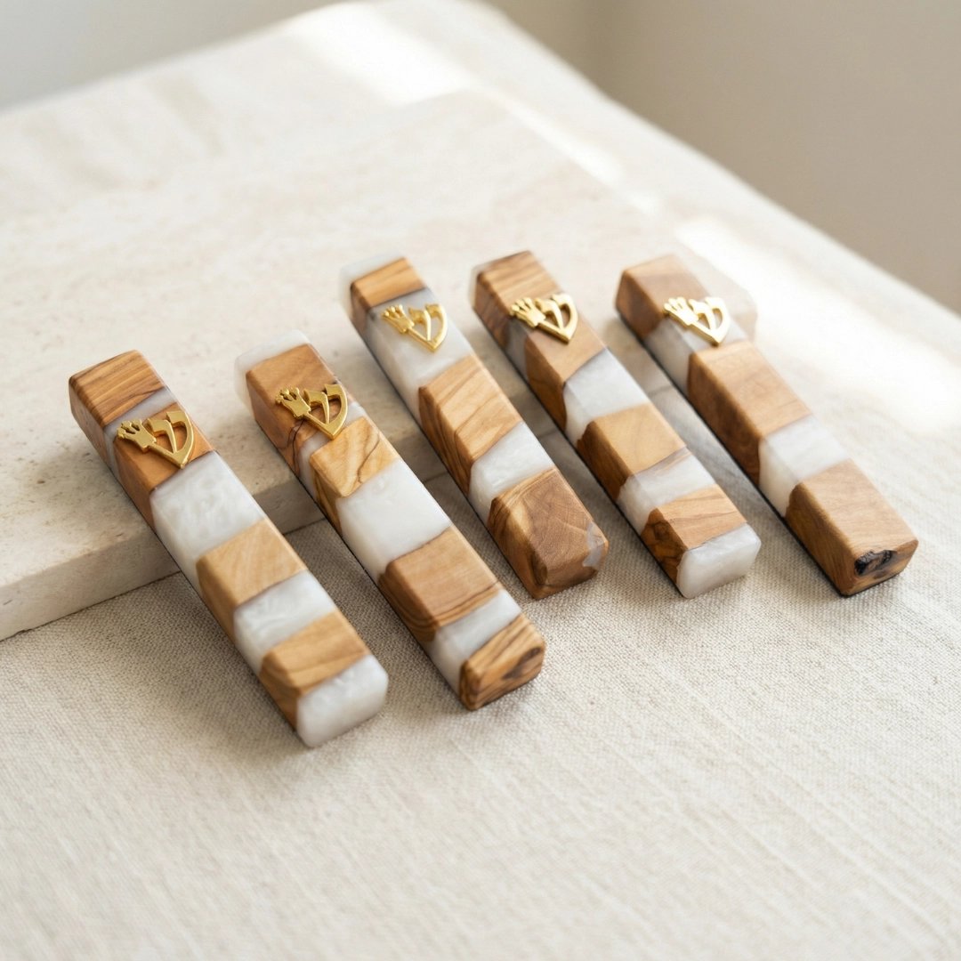 White Resin + Mediterranean Olive Wood Mezuzah