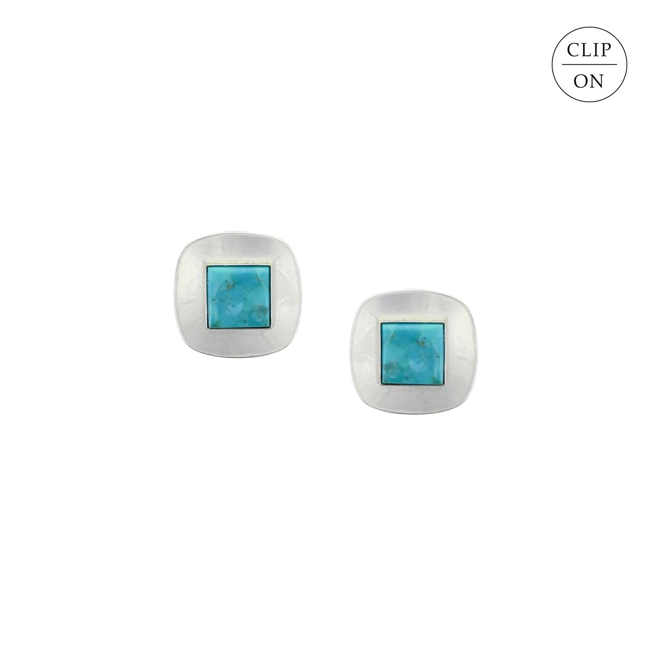 Medium Silver Rounded Square with Turquoise Clip-On Earrings