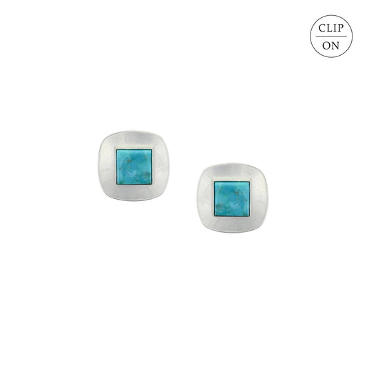 Medium Silver Rounded Square with Turquoise Clip-On Earrings