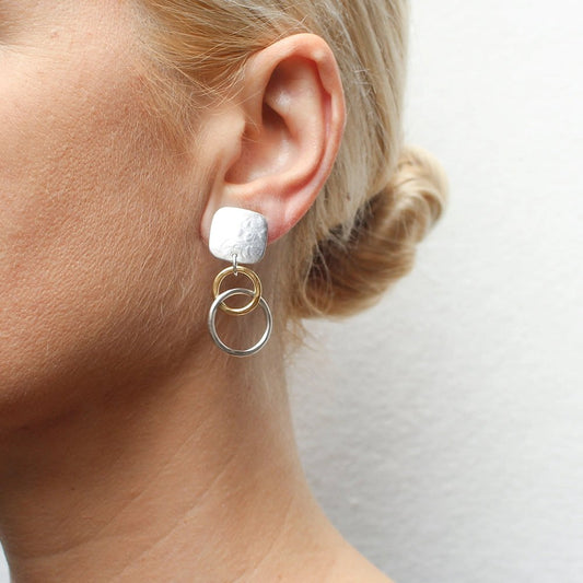 Mixed-Metal Rounded Square with Small Intertwined Hammered Rings Clip-On Earrings