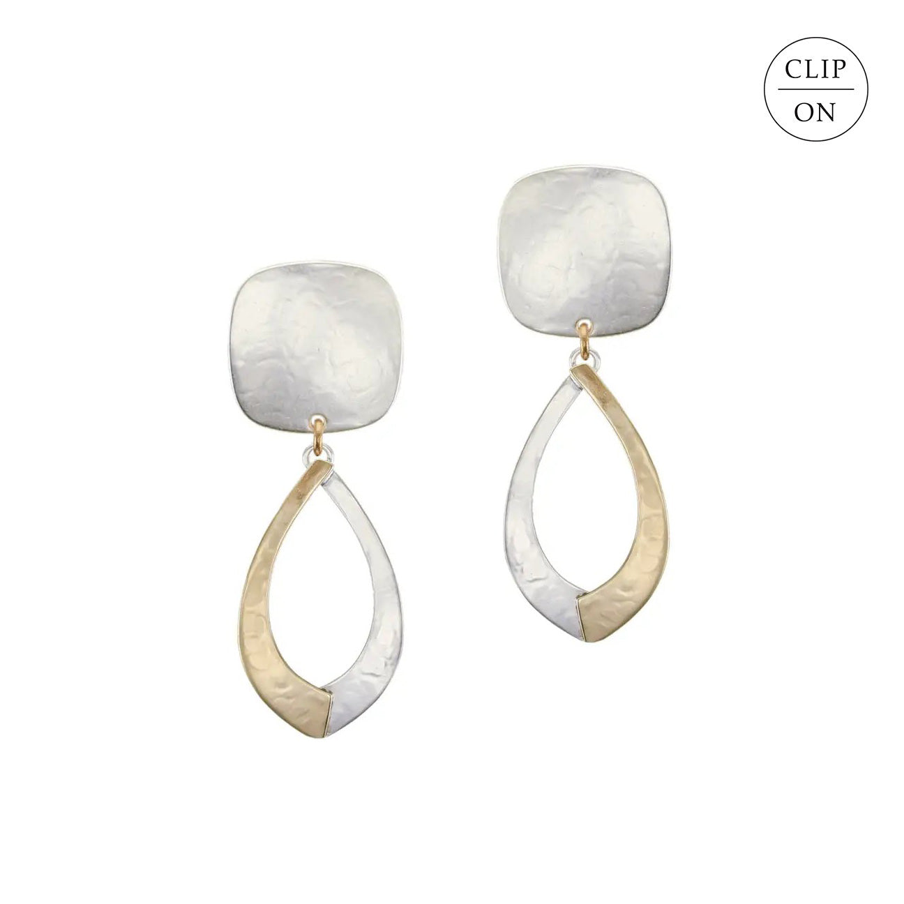Mixed-Metal Rounded Square with Teardrop Swoops Clip-On Earrings