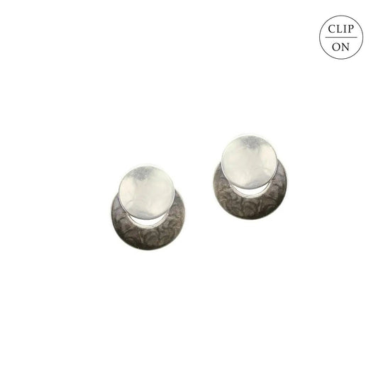 Two-Tone Silver Small Disc Over Crescent Clip-On Earrings