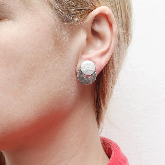 Two-Tone Silver Small Disc Over Crescent Clip-On Earrings