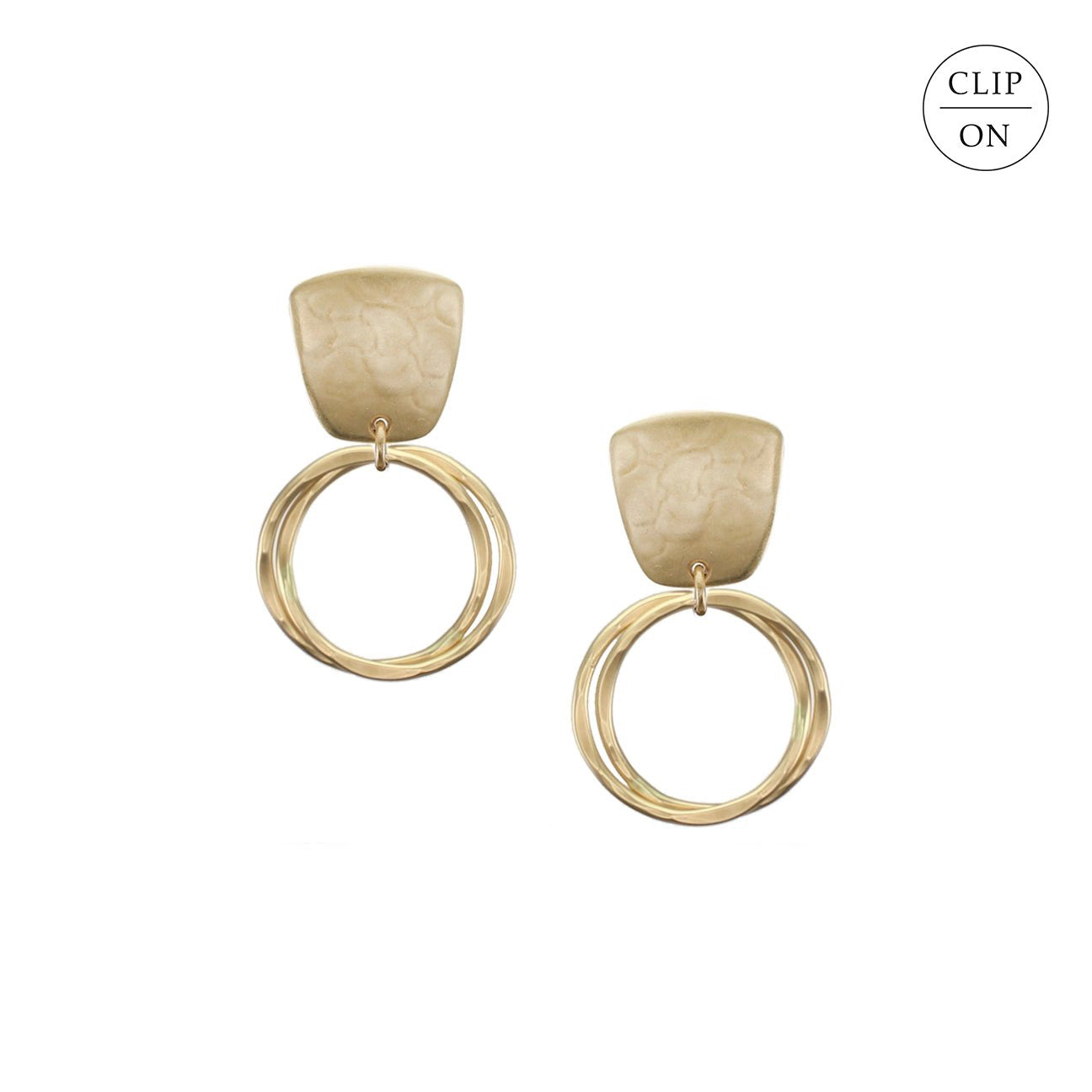 Tapered Brass Square with Interlocking Rings Clip-On Earrings