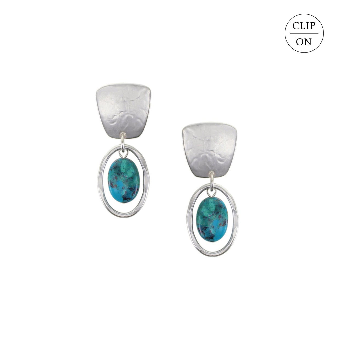 Tapered Silver Square with Turquoise Bead and Oval Ring Clip-On Earrings