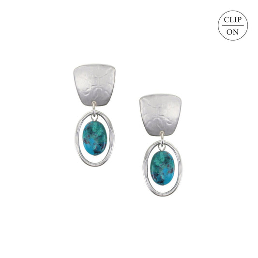 Tapered Silver Square with Turquoise Bead and Oval Ring Clip-On Earrings