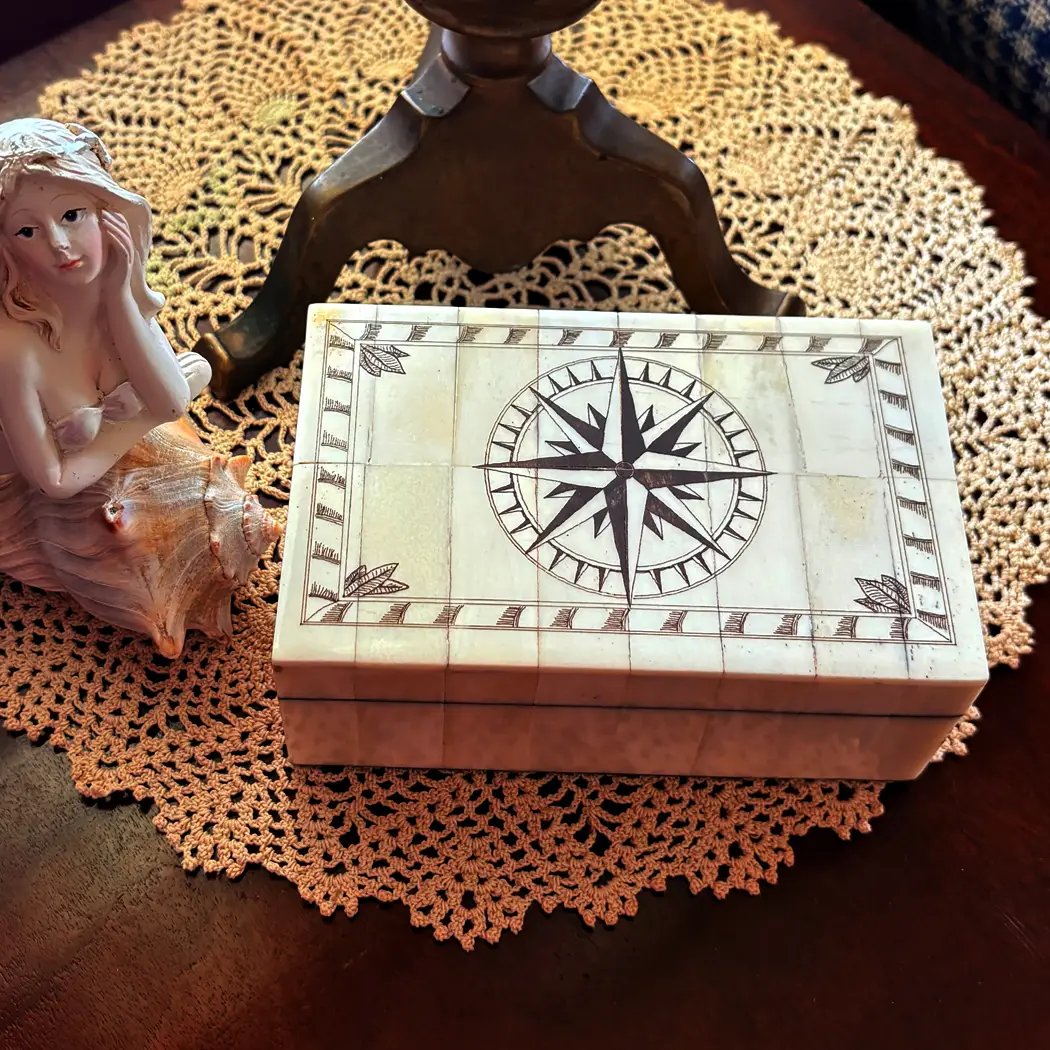 Vintage Scrimshaw Bone 5-1/4” Trinket Box – Compass Rose with Border