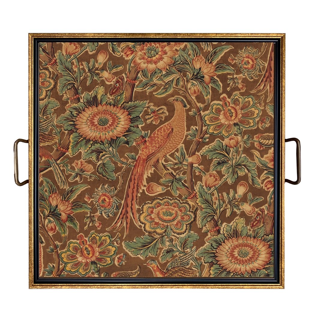 Pheasant + Flower Decorative Tray with Brass Handles – Large