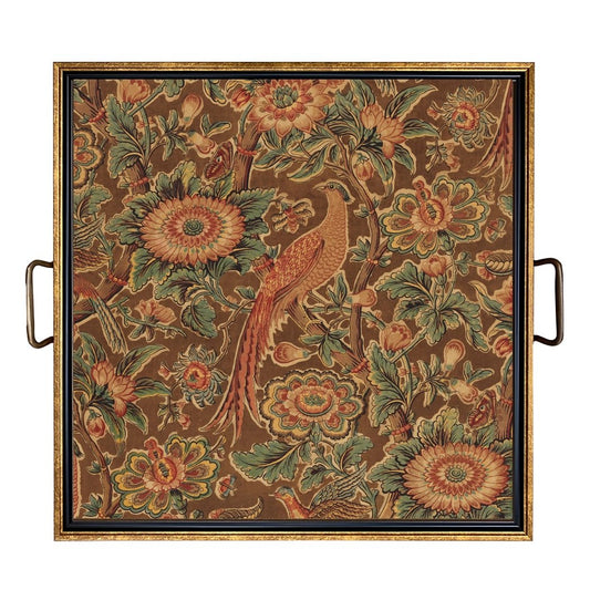 Pheasant + Flower Decorative Tray with Brass Handles – Large