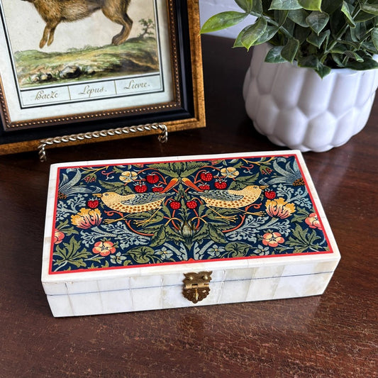 William Morris Strawberry Thief 6-1/4” Printed Bone Trinket Box