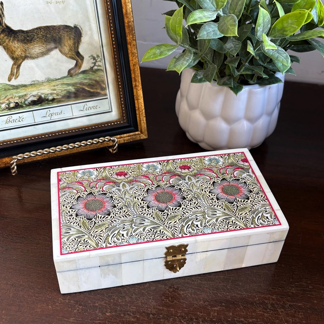 William Morris Corncockle 6-1/4” Printed Bone Trinket Box