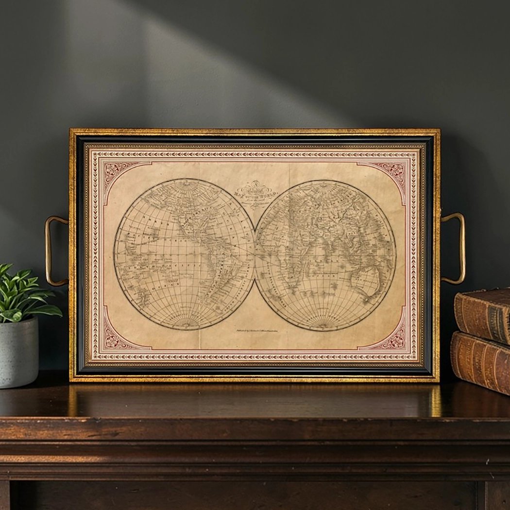 Old World Map Decorative Tray with Brass Handles