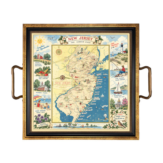 The Garden State Vintage Map Decorative Tray with Brass Handles