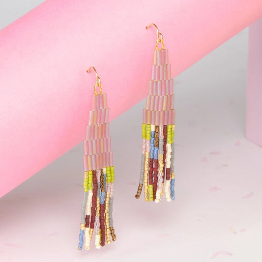 Beaded Handwoven Abstract Fringe Earrings - Lilac