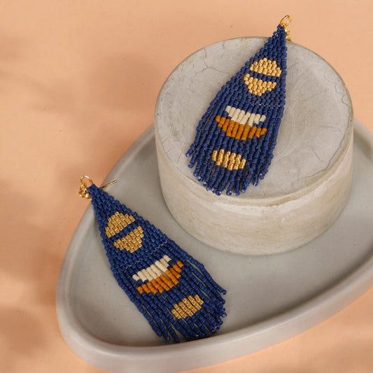 Beaded Handwoven Boho Half Moon Fringe Earrings - Blue