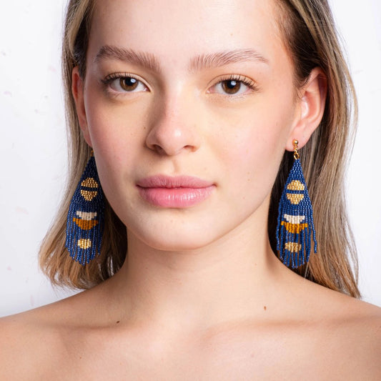 Beaded Handwoven Boho Half Moon Fringe Earrings - Blue