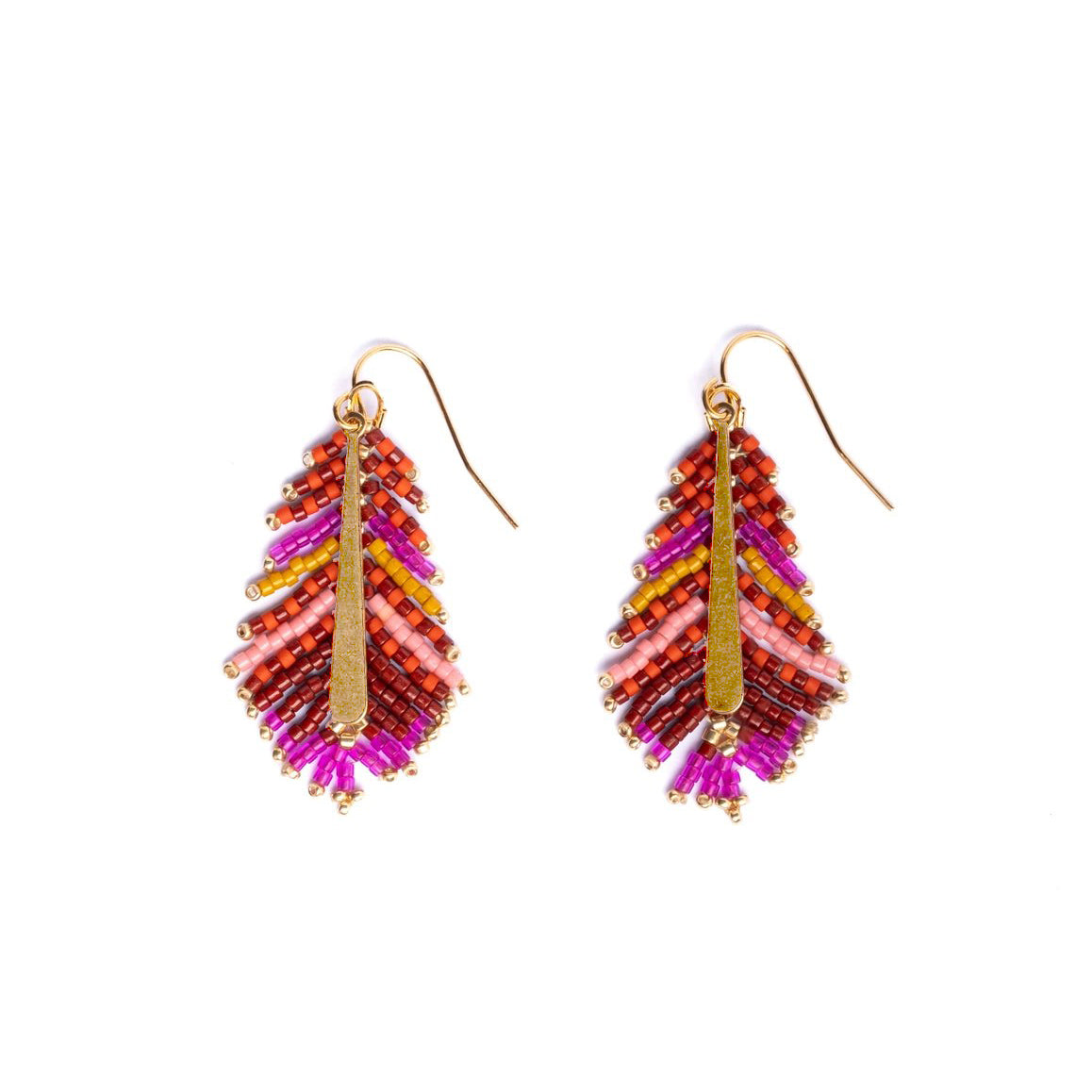 Beaded Handwoven Gilded Feather Earrings - Magenta/Orange