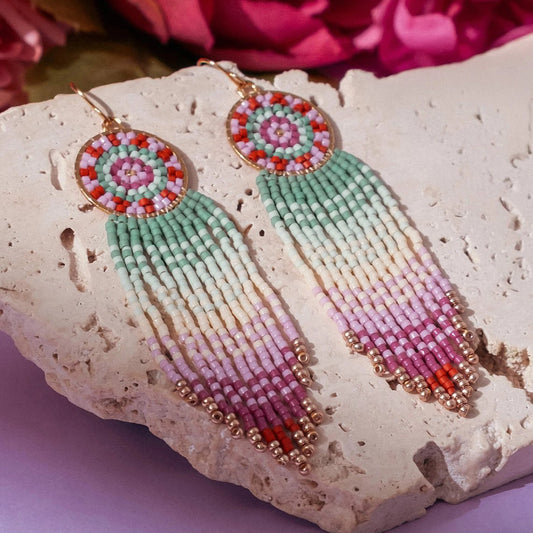 Beaded Handwoven Mandala Fringe Earring (Aqua/Lilac)
