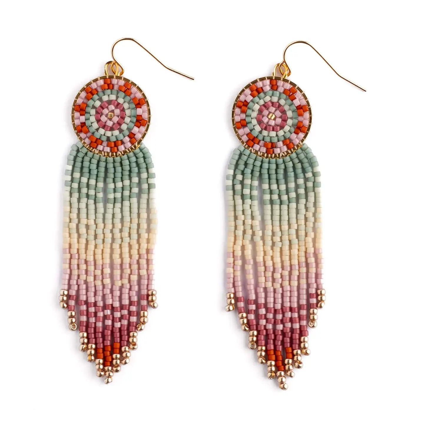 Beaded Handwoven Mandala Fringe Earring (Aqua/Lilac)
