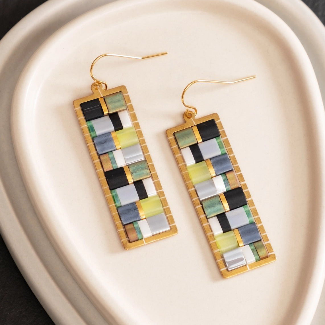 Beaded Handwoven Mosaic Tila and Brass Earrings - Green/Grey