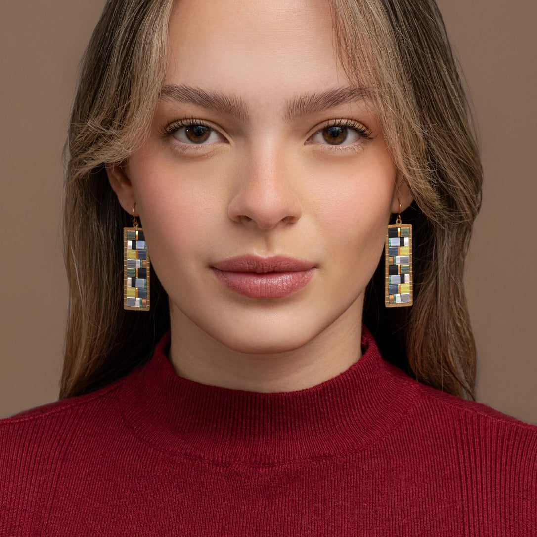 Beaded Handwoven Mosaic Tila and Brass Earrings - Green/Grey