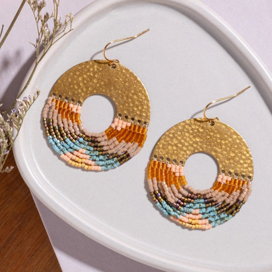 Beaded Handwoven Organic Circular Fringe Earrings - Earth