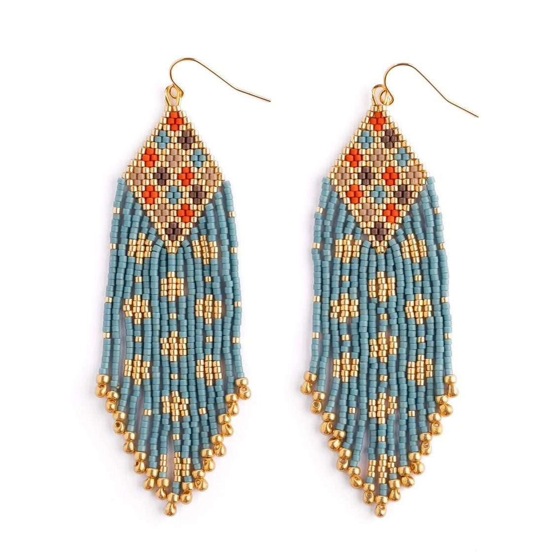 Beaded Handwoven Sari Fringe Earrings - Blue