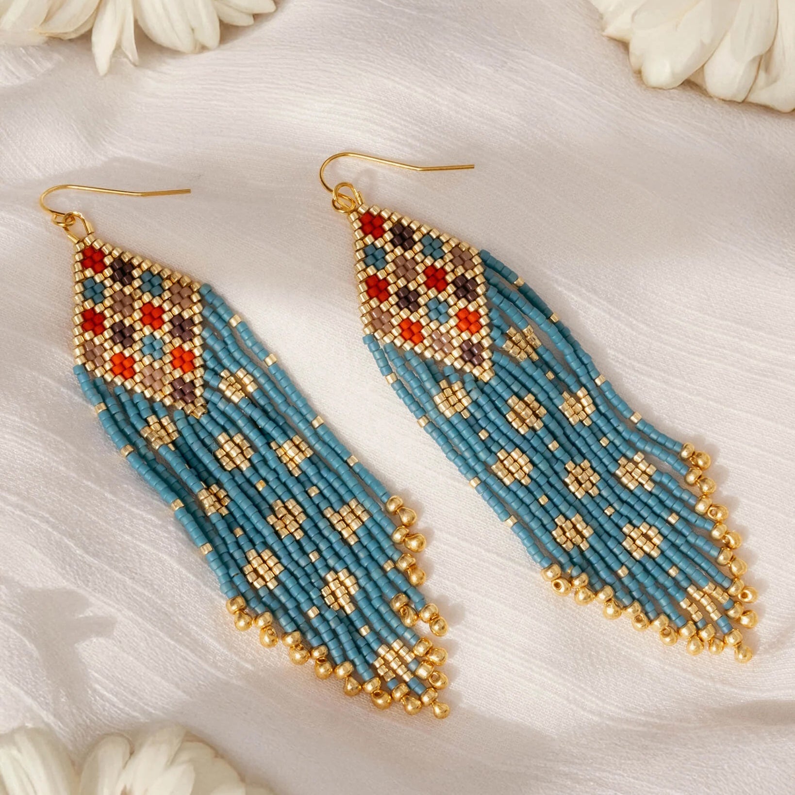 Beaded Handwoven Sari Fringe Earrings - Blue