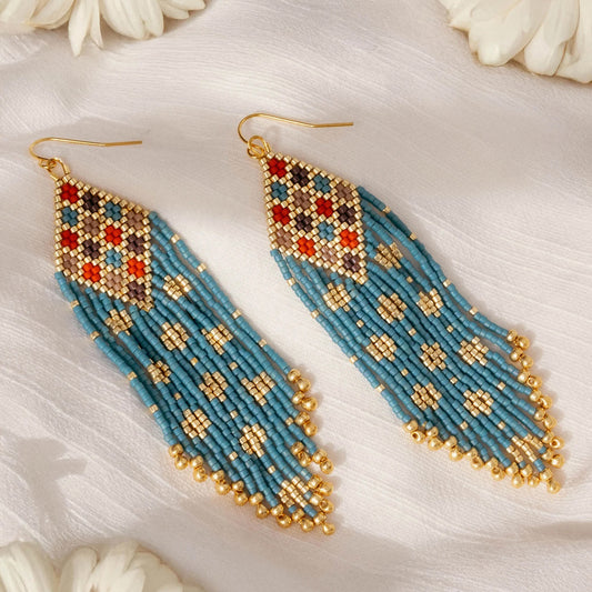 Beaded Handwoven Sari Fringe Earrings - Blue