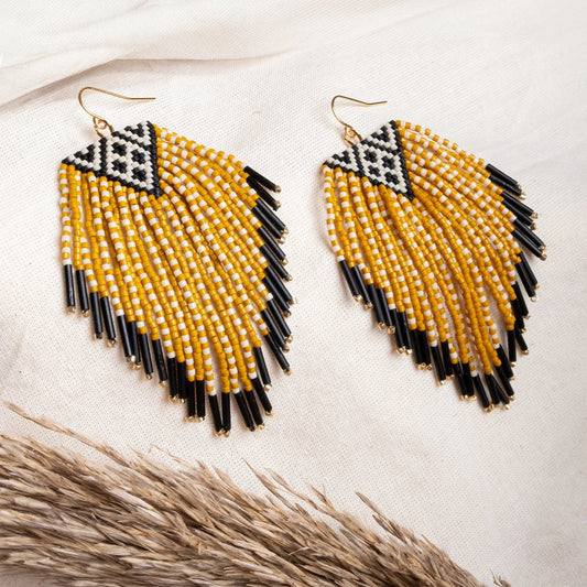 Beaded Handwoven Sonoran Triangle Fringe Earrings - Mustard