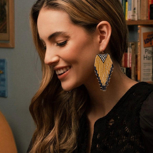 Beaded Handwoven Sonoran Triangle Fringe Earrings - Mustard