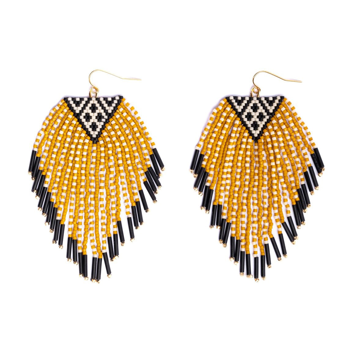 Beaded Handwoven Sonoran Triangle Fringe Earrings - Mustard
