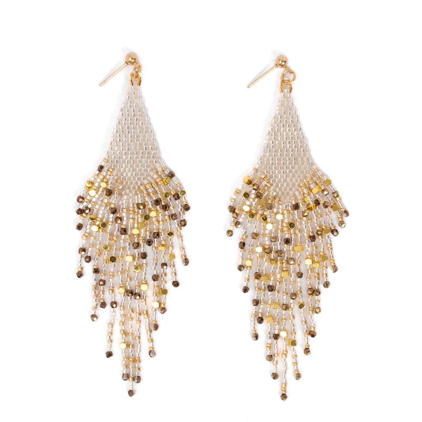 Beaded Handwoven Starlight Fringe Earrings (Select Color) Silver