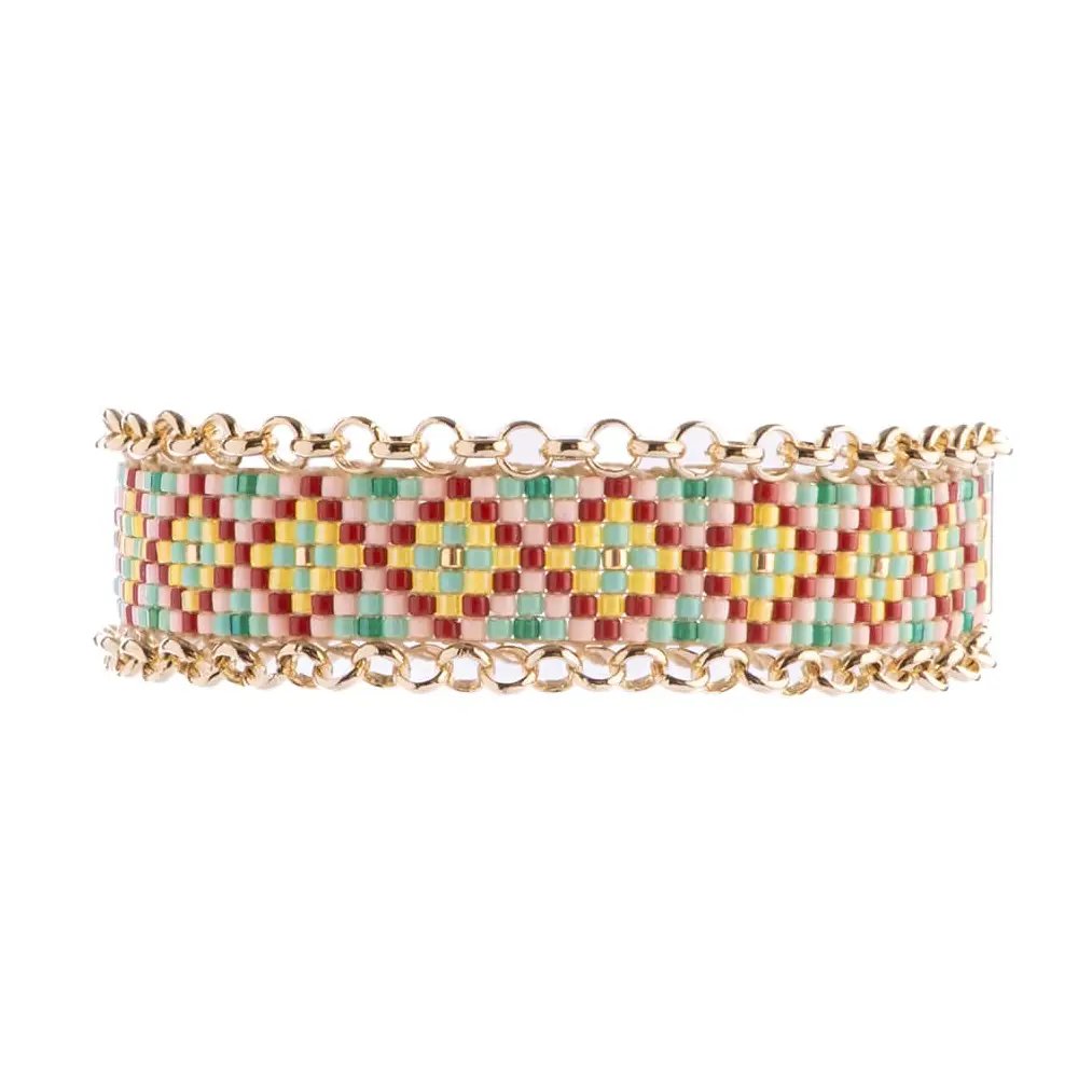 Beaded Handwoven Jali Miyuki and Chain Bracelet - Green