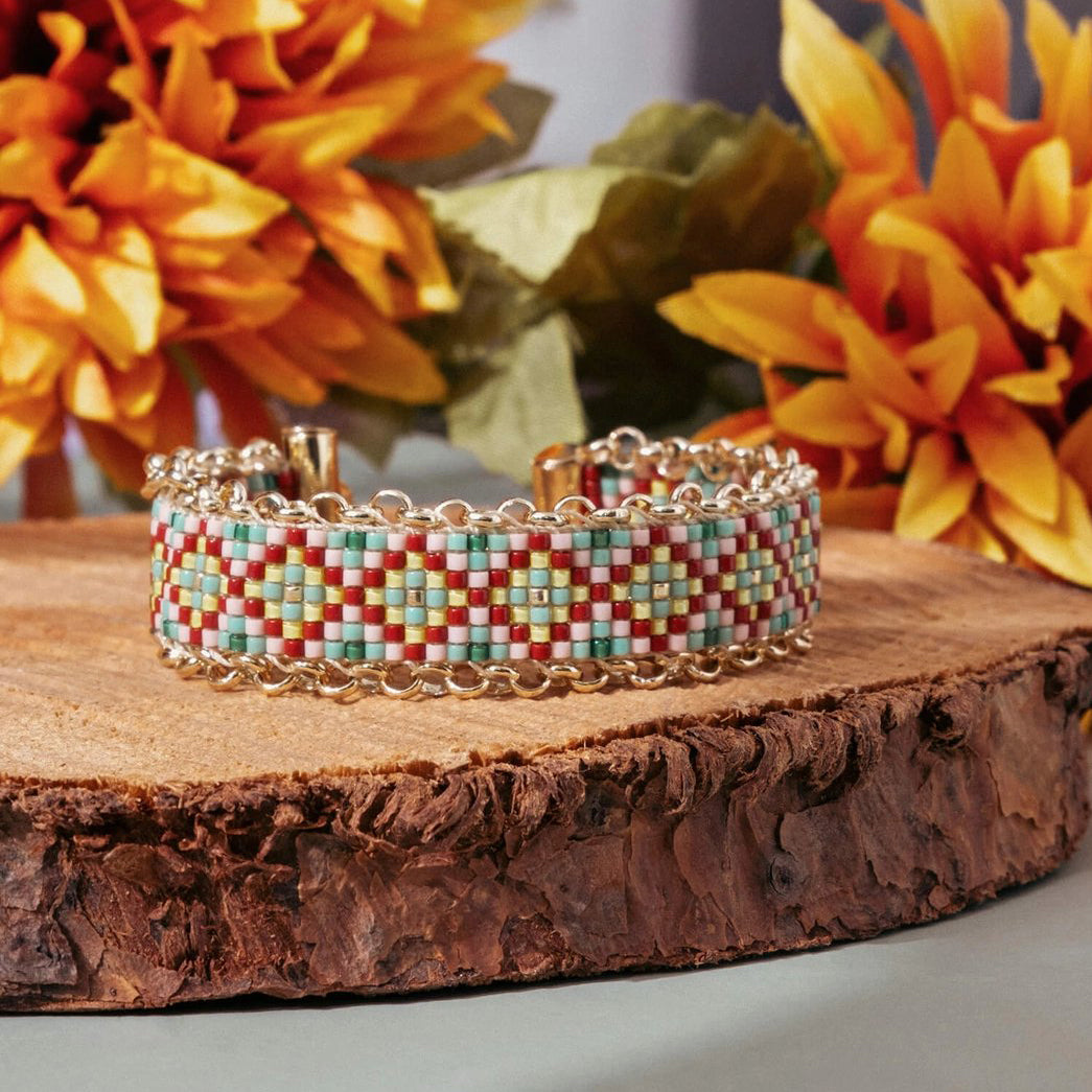 Beaded Handwoven Jali Miyuki and Chain Bracelet - Green