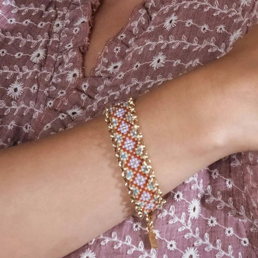 Beaded Handwoven Jali Miyuki and Chain Bracelet - Lilac