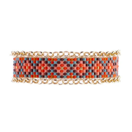 Beaded Handwoven Jali Miyuki and Chain Bracelet - Rust