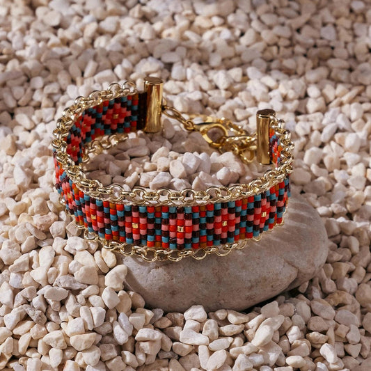 Beaded Handwoven Jali Miyuki and Chain Bracelet - Rust