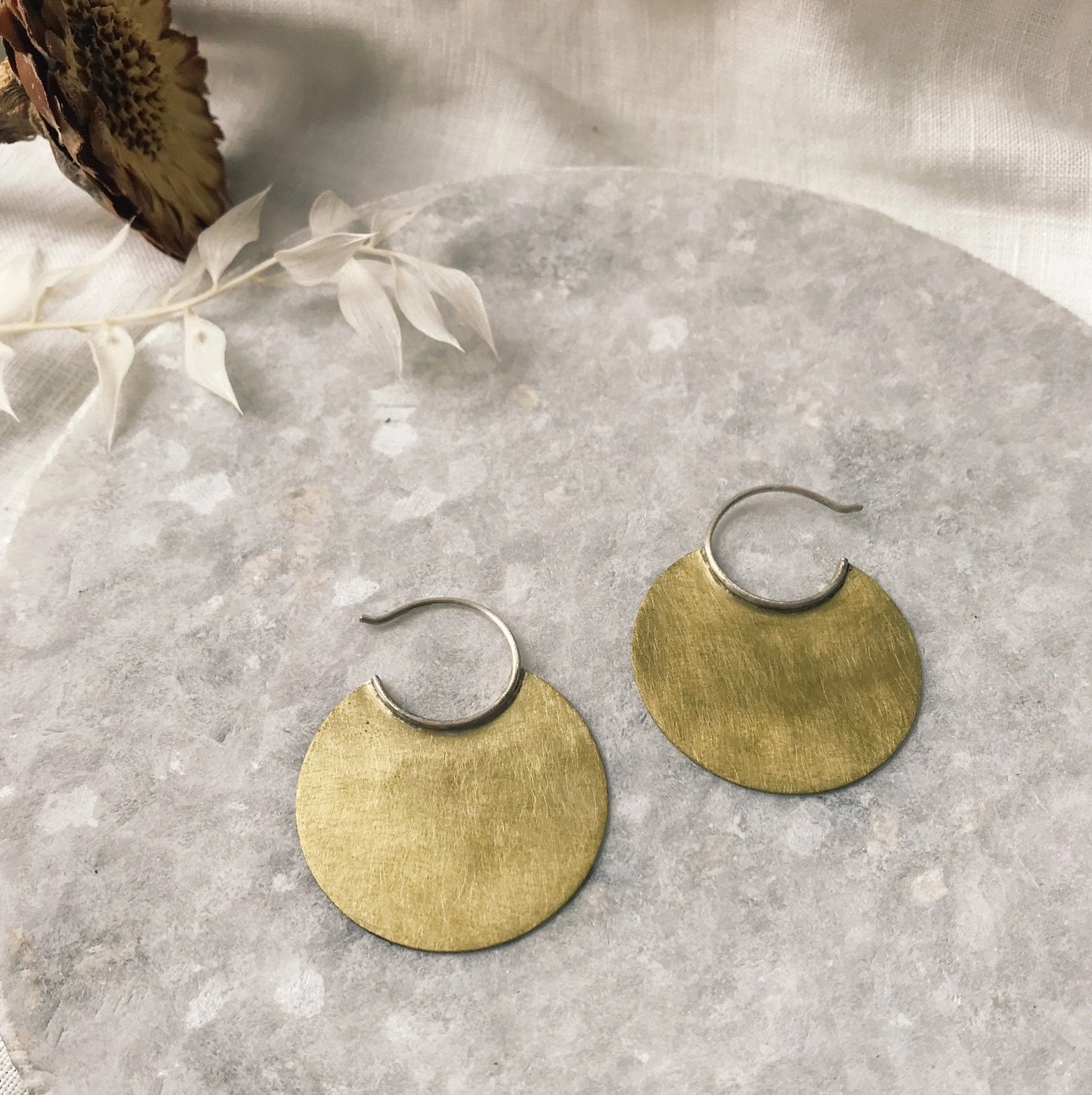 Medium Brass Disc Earrings with Sterling Hoops