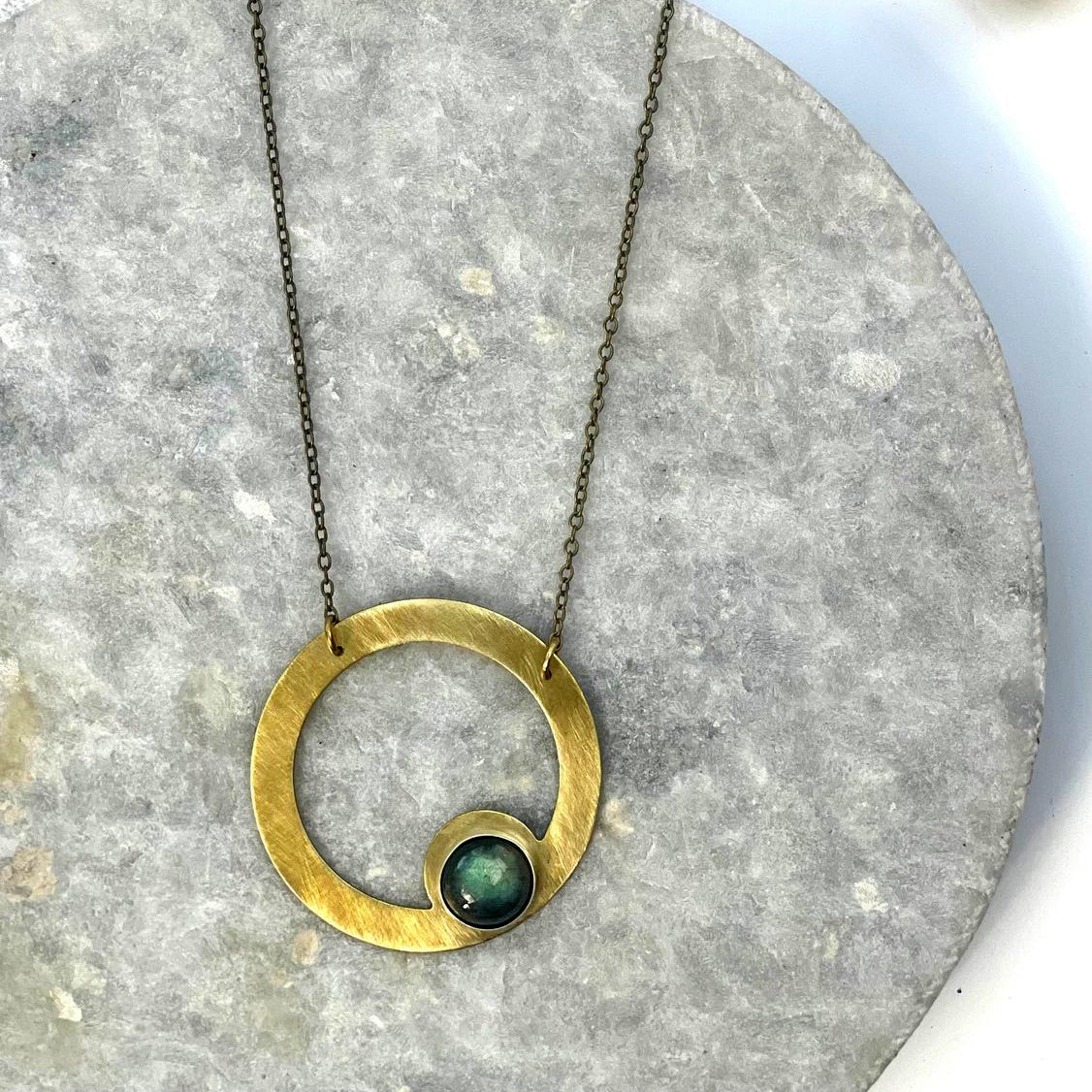 Offset Labradorite Brass Circle Necklace