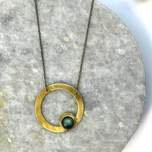 Offset Labradorite Brass Circle Necklace