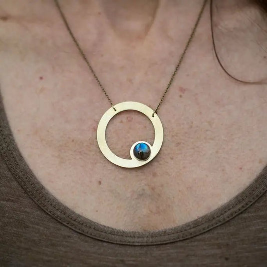 Offset Labradorite Brass Circle Necklace