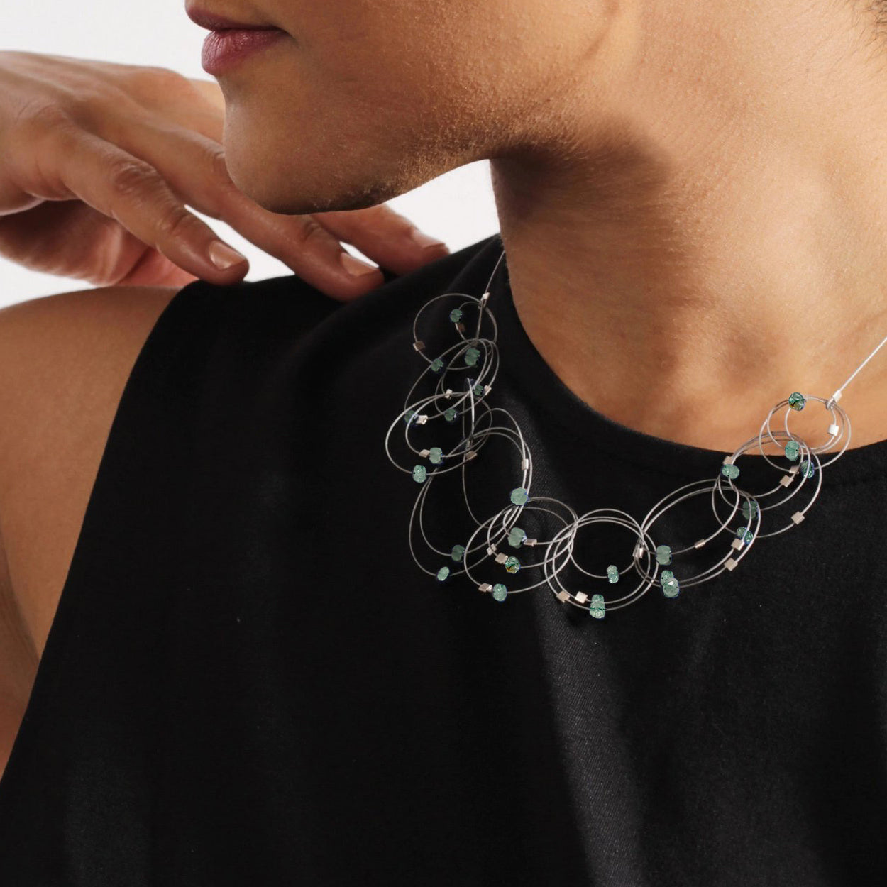 3-D Woven Cable ‘Vertigo’ Statement Necklace – Aquamarine/Silver