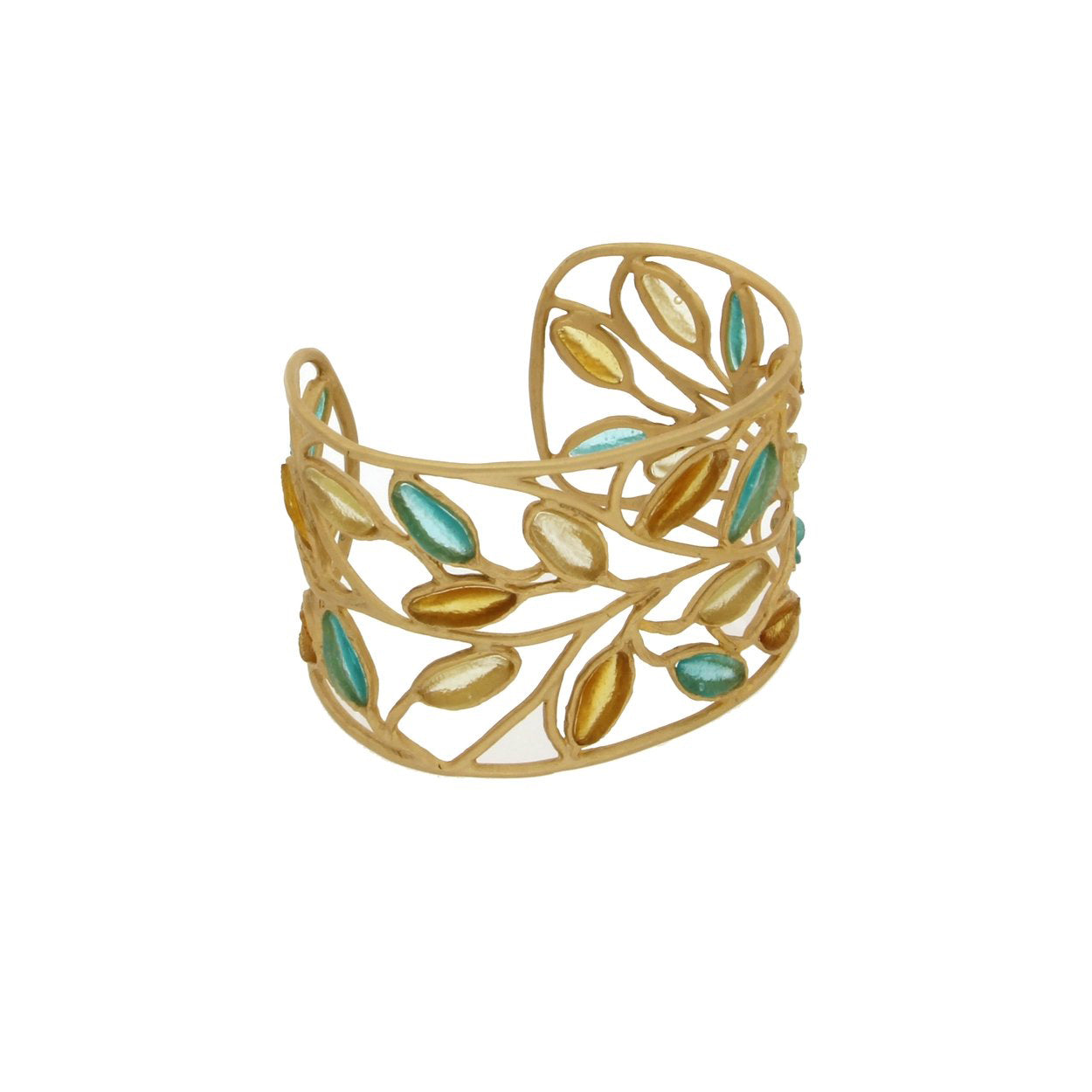 24k Gold Finish Bronze + Cast Glass ‘Sage’ Cuff Bracelet – Multi