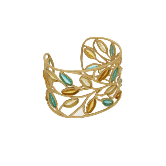 24k Gold Finish Bronze + Cast Glass ‘Sage’ Cuff Bracelet – Multi